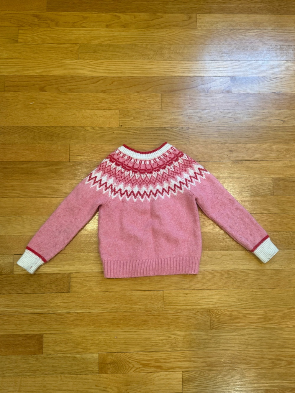 Boden Pink Fair Isle Crewneck Sweater with White and Red Yoke